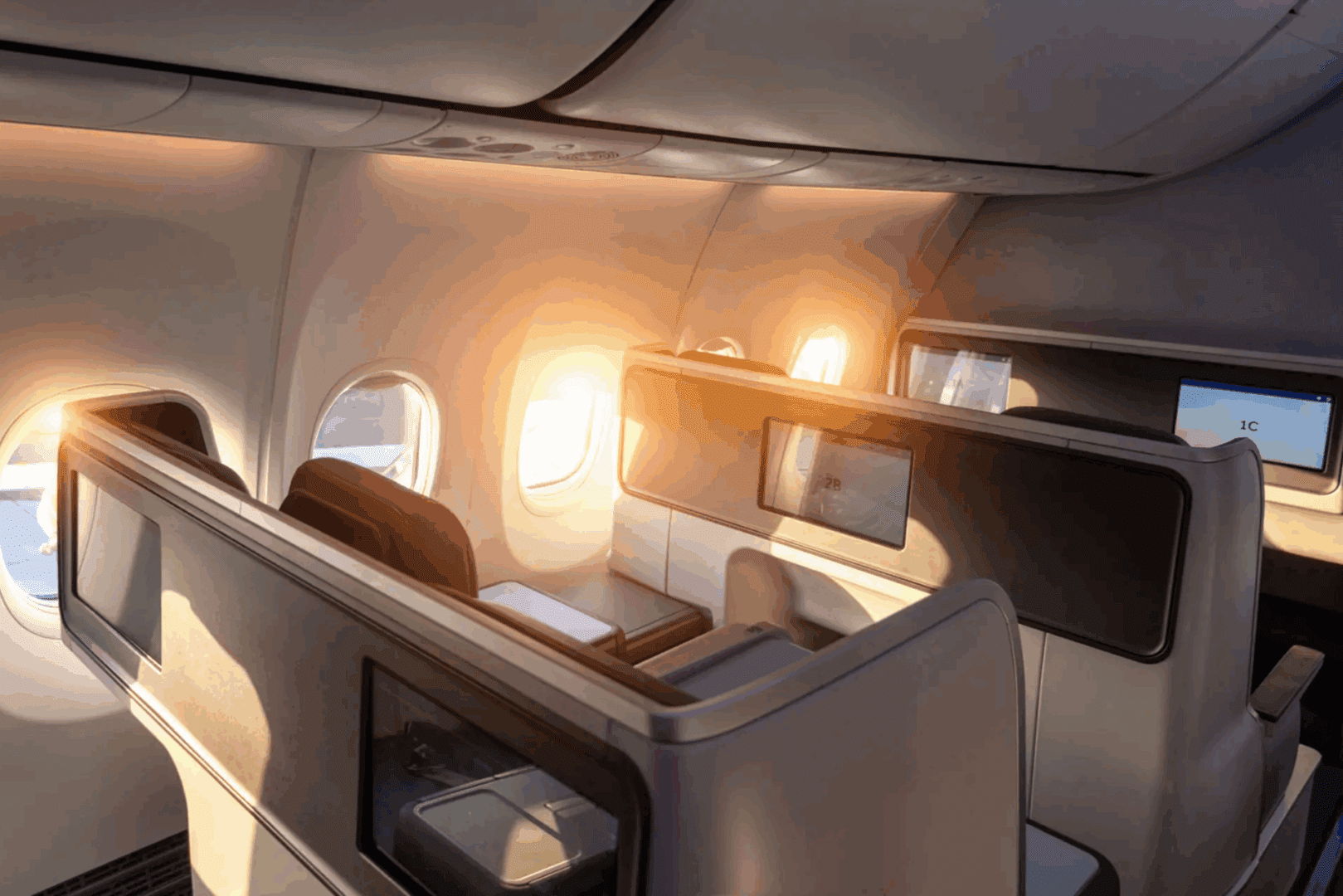 Airplane cabin with sunset lighting
